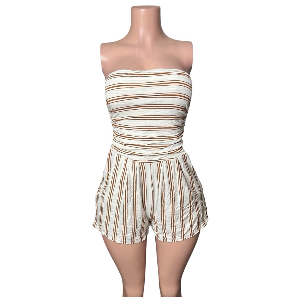 Strapless Cream & Brown Striped Romper